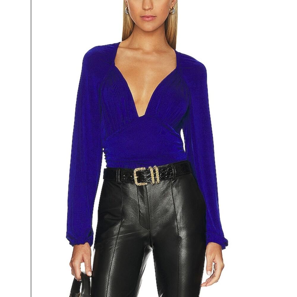 Free People In Your Arms Bodysuit Indigo Blue V Neck Long Sleeve Top Size L